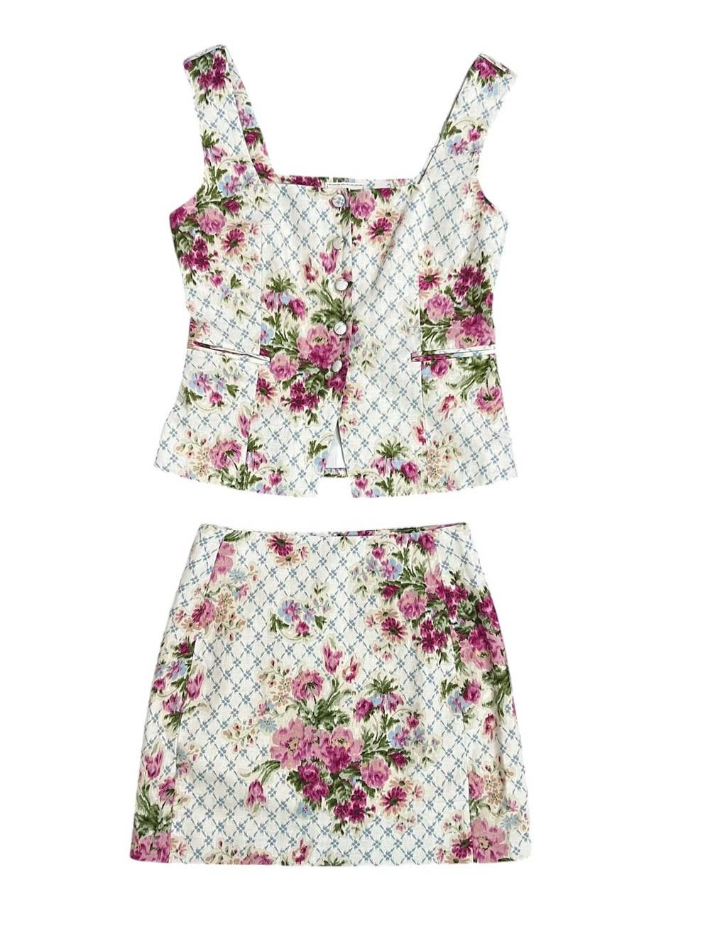 Sézane Floral Linen Vest Top & Skirt Set Zelinda Malia Cream Pink Sz 34 36 US 4 - Picture 2 of 13